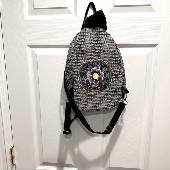 Floral Embroided Backpack Boho Bohemian Black Purple Mexican display picture 3